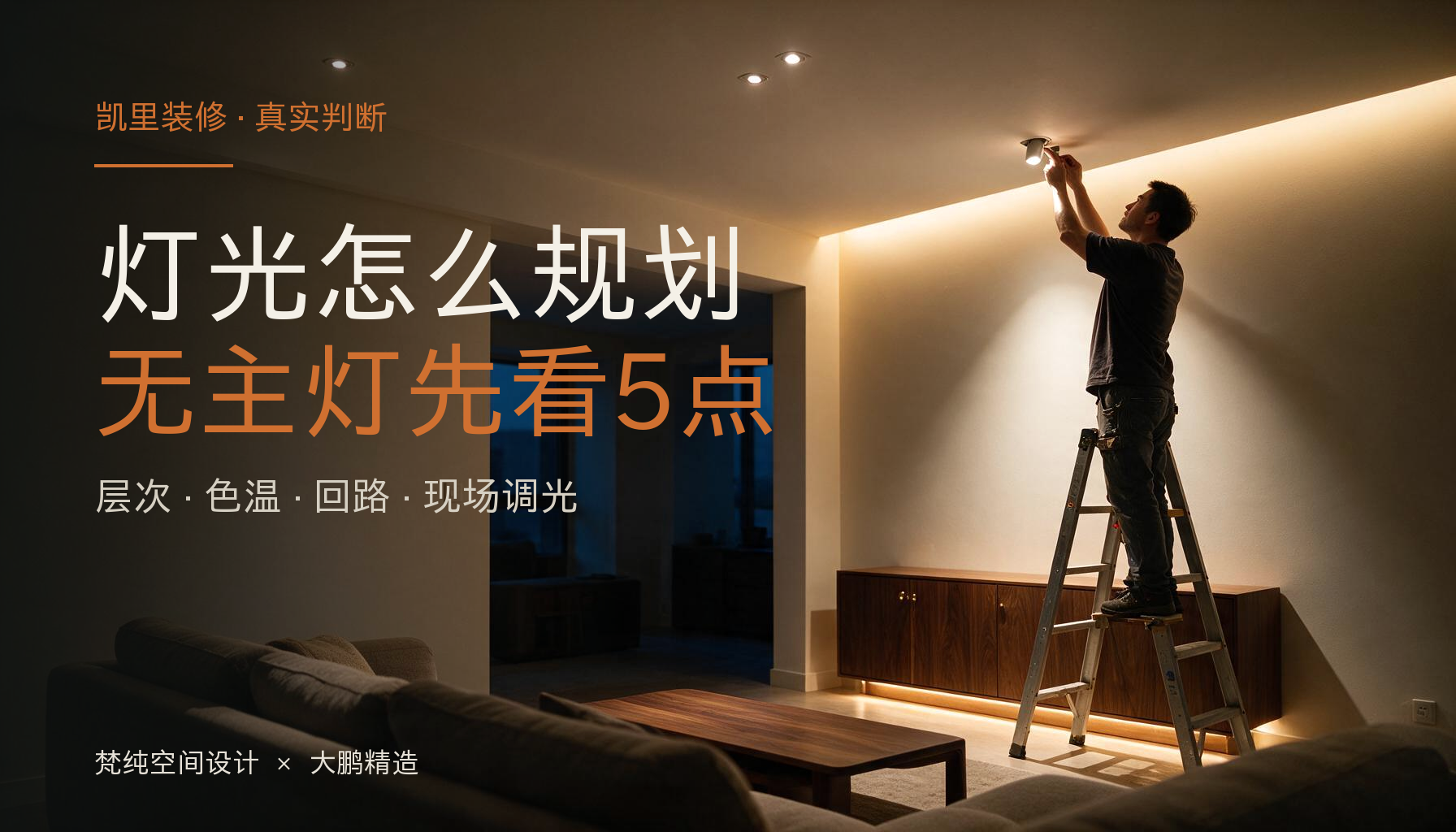 凯里装修夜间在客厅逐路调试筒灯与灯带