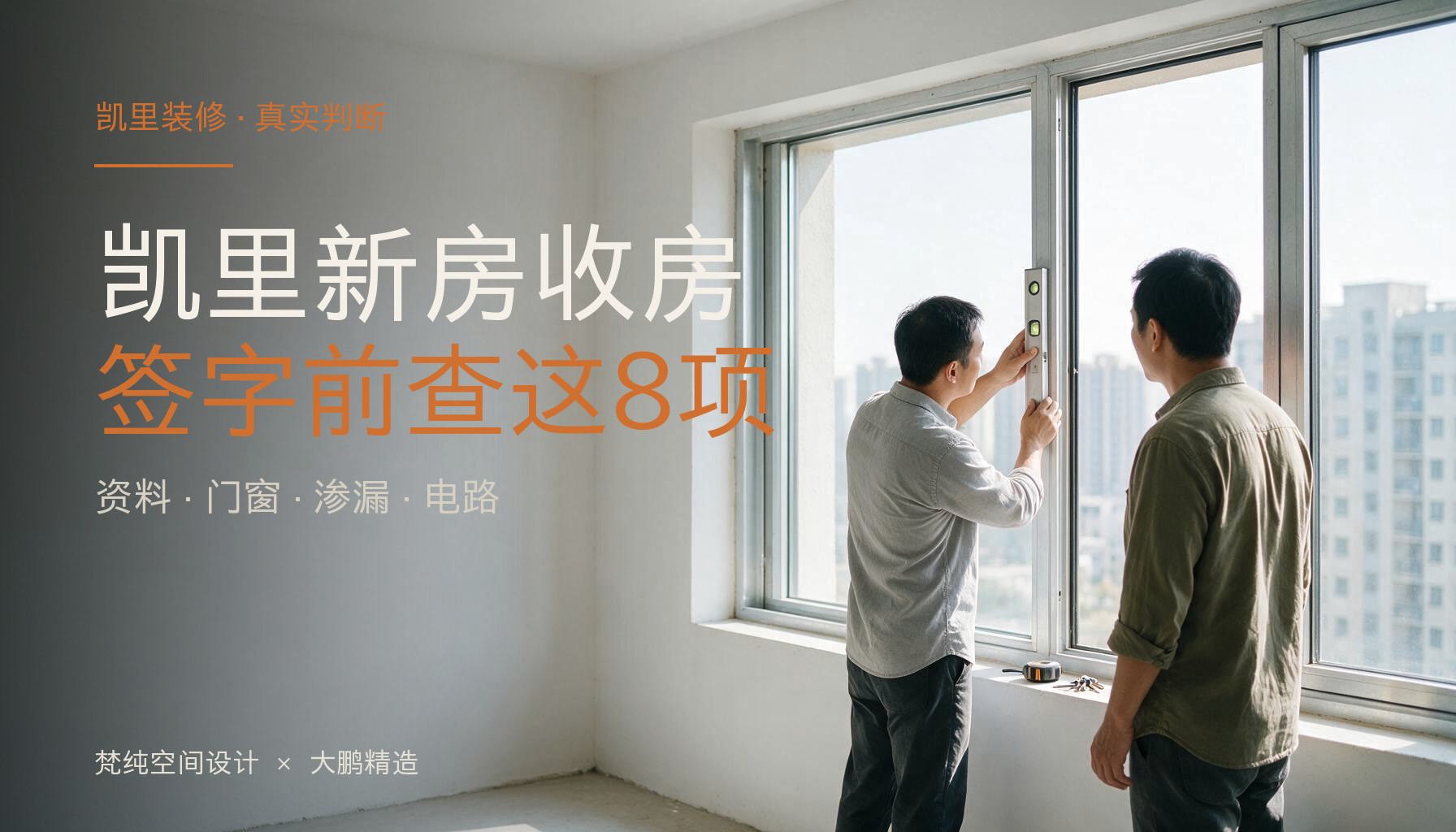 凯里新房交付当天验房人用水平尺检查窗框垂直度