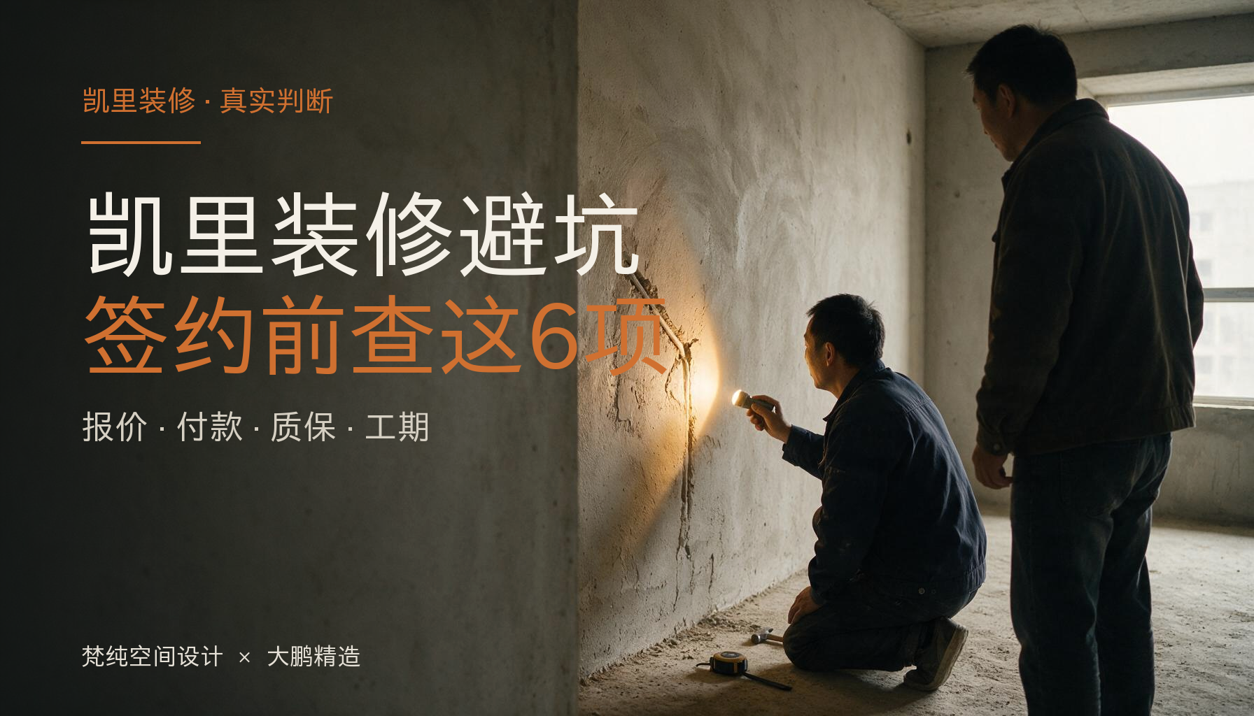 凯里毛坯房内负责人用手电侧光检查墙面空鼓与歪斜线管